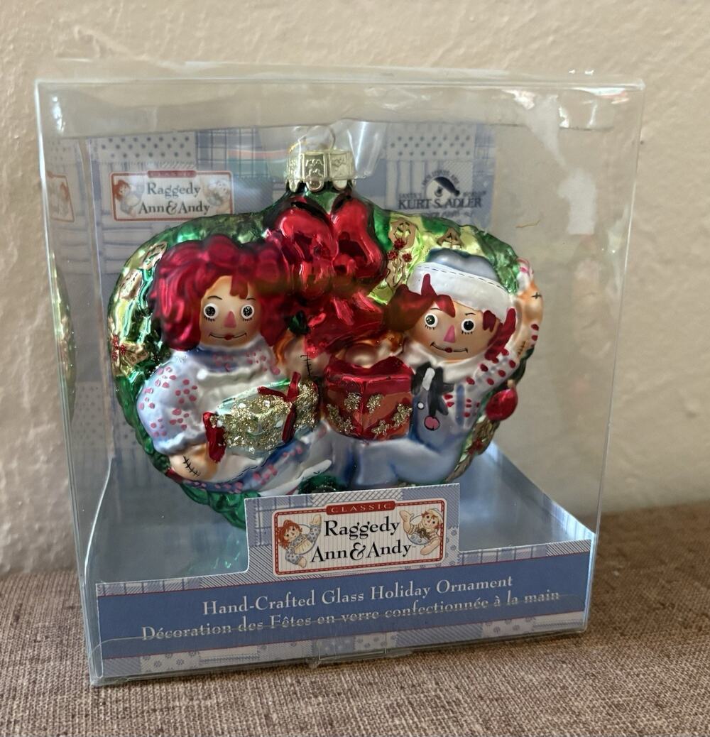 KURT ADLER Hand Crafted Glass Christmas Ornament Raggedy Ann & Andy
